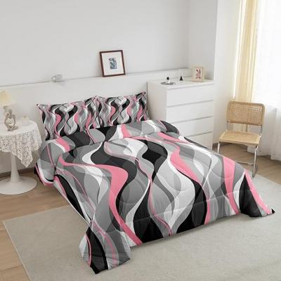 Geometric Pink Grey Black Striped Quilt Set