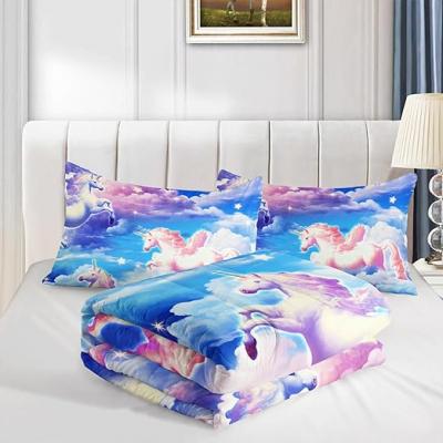 Cartoon Unicorn Blue Purple Cloud Set Quilt